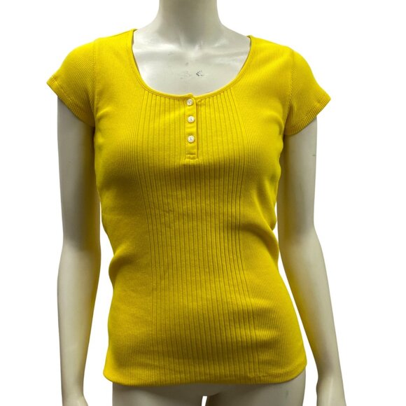 Lauren Ralph Lauren Womens Ribbed Yellow Henley Short Sleeve Top M - Picture 1 of 5